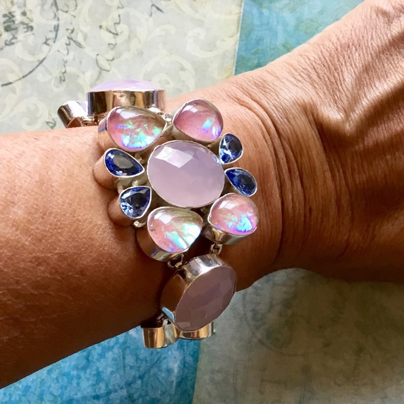 Artisan Ethnic Jewelry - Rose Quartz Triple Fire Opal Flower Bracelet